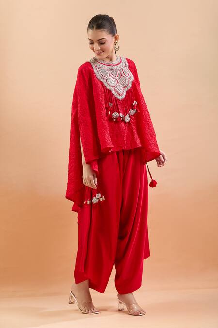 Buy Prisho Red Tassels Round Neck Geometric Embroidered Kaftan And Draped Pant Online at Aza Fashions Buy_Prisho_Red Tassels Round Neck Geometric Embroidered Kaftan And Draped Pant _Online_at_Aza_Fashions