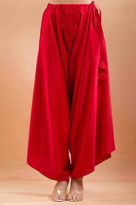 Shop Prisho Red Tassels Round Neck Geometric Embroidered Kaftan And Draped Pant Online at Aza Fashions Shop_Prisho_Red Tassels Round Neck Geometric Embroidered Kaftan And Draped Pant _Online_at_Aza_Fashions