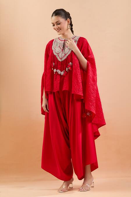Prisho Red Tassels Round Neck Geometric Embroidered Kaftan And Draped Pant at Aza Fashions Prisho_Red Tassels Round Neck Geometric Embroidered Kaftan And Draped Pant _at_Aza_Fashions