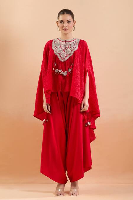 Buy Prisho Red Tassels Round Neck Geometric Embroidered Kaftan And Draped Pant Buy_Prisho_Red Tassels Round Neck Geometric Embroidered Kaftan And Draped Pant