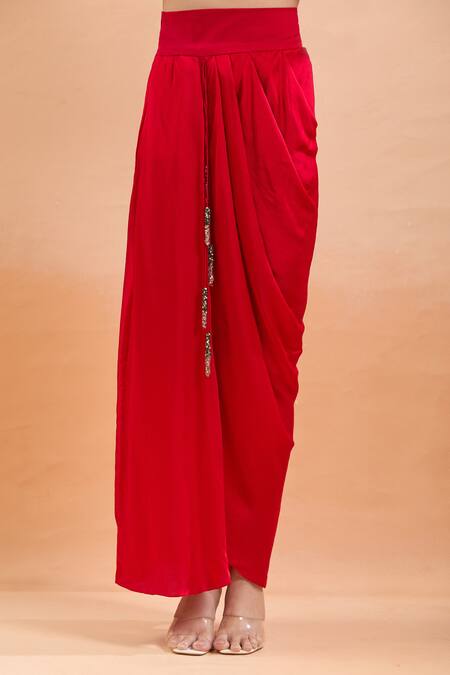 Prisho Red Sequins, Embroidery Round Neck Kaftan With Draped Skirt Online at Aza Fashions Prisho_Red Sequins, Embroidery Round Neck Kaftan With Draped Skirt _Online_at_Aza_Fashions