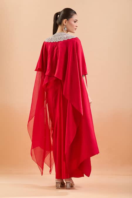 Shop Prisho Red Sequins, Embroidery Round Neck Kaftan With Draped Skirt at Aza Fashions Shop_Prisho_Red Sequins, Embroidery Round Neck Kaftan With Draped Skirt _at_Aza_Fashions