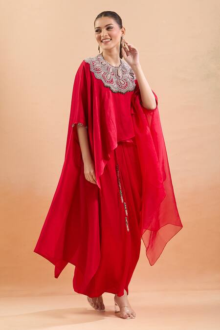 Buy Prisho Red Sequins, Embroidery Round Neck Kaftan With Draped Skirt Online at Aza Fashions Buy_Prisho_Red Sequins, Embroidery Round Neck Kaftan With Draped Skirt _Online_at_Aza_Fashions