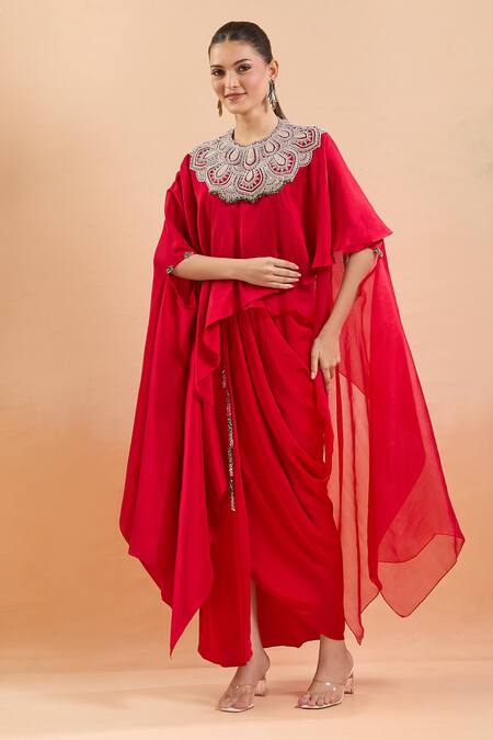 Shop Prisho Red Sequins, Embroidery Round Neck Kaftan With Draped Skirt Online at Aza Fashions Shop_Prisho_Red Sequins, Embroidery Round Neck Kaftan With Draped Skirt _Online_at_Aza_Fashions