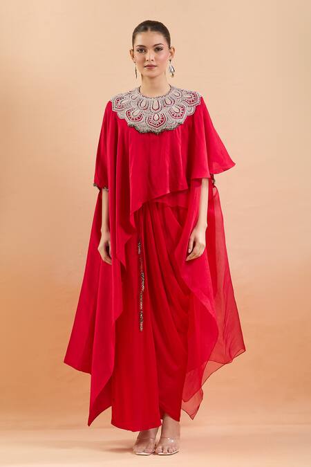 Prisho Red Sequins, Embroidery Round Neck Kaftan With Draped Skirt at Aza Fashions Prisho_Red Sequins, Embroidery Round Neck Kaftan With Draped Skirt _at_Aza_Fashions