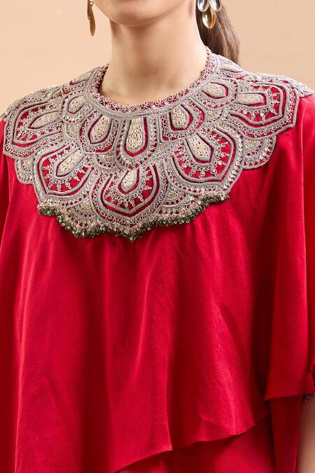 Buy Prisho Red Sequins, Embroidery Round Neck Kaftan With Draped Skirt Buy_Prisho_Red Sequins, Embroidery Round Neck Kaftan With Draped Skirt
