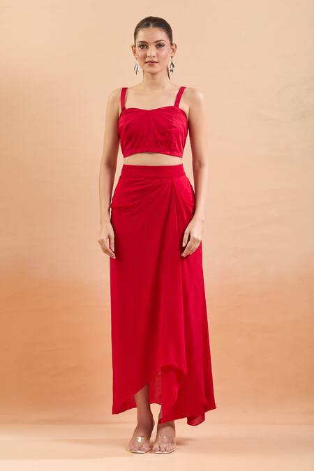 Prisho Red Chiffon Embroidery, Gota Patti, Sequins Sweetheart Neck, Floral Kaftan Set Online at Aza Fashions Prisho_Red Chiffon Embroidery, Gota Patti, Sequins Sweetheart Neck, Floral Kaftan Set _Online_at_Aza_Fashions