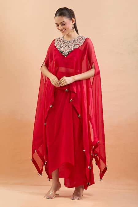 Shop Prisho Red Chiffon Embroidery, Gota Patti, Sequins Sweetheart Neck, Floral Kaftan Set Online at Aza Fashions Shop_Prisho_Red Chiffon Embroidery, Gota Patti, Sequins Sweetheart Neck, Floral Kaftan Set _Online_at_Aza_Fashions