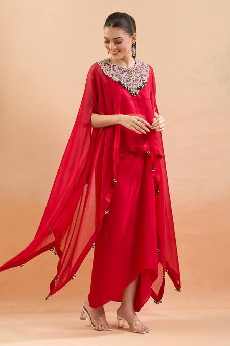 Prisho Red Chiffon Embroidery, Gota Patti, Sequins Sweetheart Neck, Floral Kaftan Set at Aza Fashions Prisho_Red Chiffon Embroidery, Gota Patti, Sequins Sweetheart Neck, Floral Kaftan Set _at_Aza_Fashions