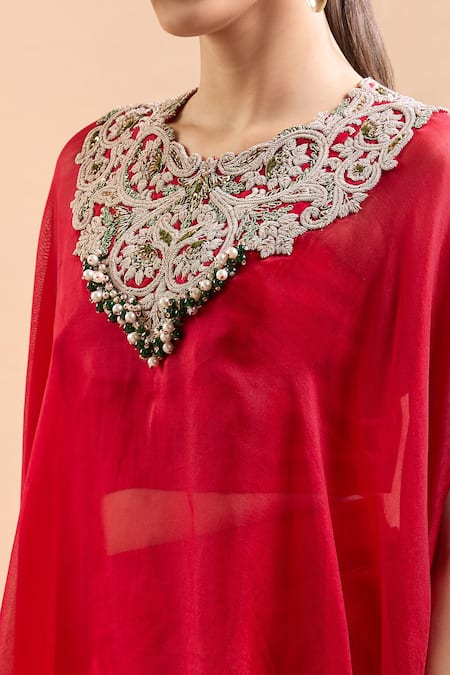Buy Prisho Red Chiffon Embroidery, Gota Patti, Sequins Sweetheart Neck, Floral Kaftan Set Buy_Prisho_Red Chiffon Embroidery, Gota Patti, Sequins Sweetheart Neck, Floral Kaftan Set