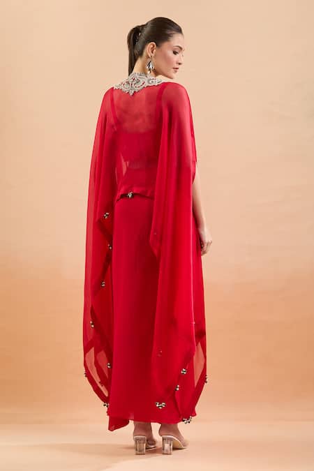 Shop Prisho Red Chiffon Embroidery, Gota Patti, Sequins Sweetheart Neck, Floral Kaftan Set at Aza Fashions Shop_Prisho_Red Chiffon Embroidery, Gota Patti, Sequins Sweetheart Neck, Floral Kaftan Set _at_Aza_Fashions