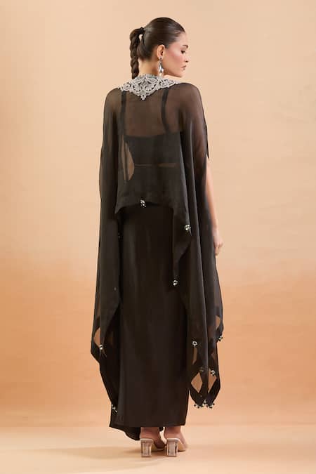 Shop Prisho Black Chiffon Gota Patti, Sequins, Embroidery Sweetheart Floral Kaftan Set at Aza Fashions Shop_Prisho_Black Chiffon Gota Patti, Sequins, Embroidery Sweetheart Floral Kaftan Set _at_Aza_Fashions