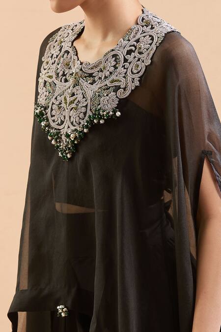 Prisho Black Chiffon Gota Patti, Sequins, Embroidery Sweetheart Floral Kaftan Set Online at Aza Fashions Prisho_Black Chiffon Gota Patti, Sequins, Embroidery Sweetheart Floral Kaftan Set _Online_at_Aza_Fashions