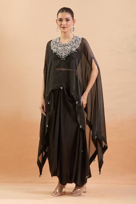 Prisho Black Chiffon Gota Patti, Sequins, Embroidery Sweetheart Floral Kaftan Set at Aza Fashions Prisho_Black Chiffon Gota Patti, Sequins, Embroidery Sweetheart Floral Kaftan Set _at_Aza_Fashions