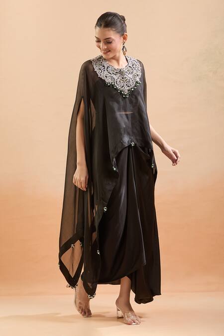 Buy Prisho Black Chiffon Gota Patti, Sequins, Embroidery Sweetheart Floral Kaftan Set Buy_Prisho_Black Chiffon Gota Patti, Sequins, Embroidery Sweetheart Floral Kaftan Set