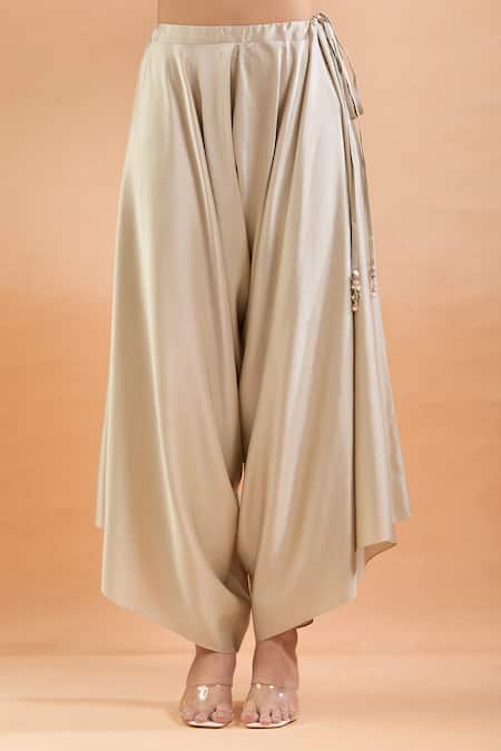 Prisho_Pink Silk, Cotton Embroidery, Sequins, Pearls V-neck Kaftan Set With Draped Pant _Online_at_Aza_Fashions