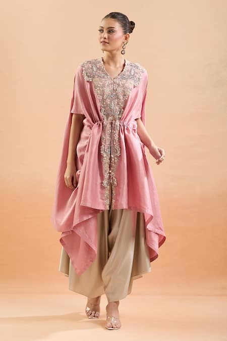 Buy_Prisho_Pink Silk, Cotton Embroidery, Sequins, Pearls V-neck Kaftan Set With Draped Pant _Online_at_Aza_Fashions