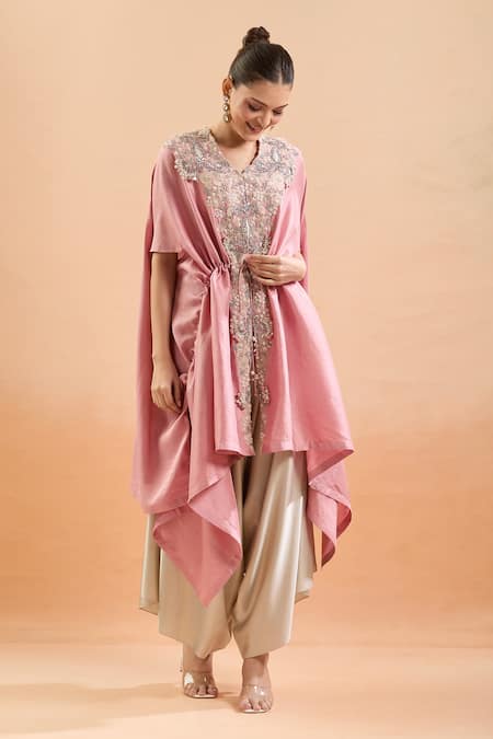 Shop_Prisho_Pink Silk, Cotton Embroidery, Sequins, Pearls V-neck Kaftan Set With Draped Pant _Online_at_Aza_Fashions
