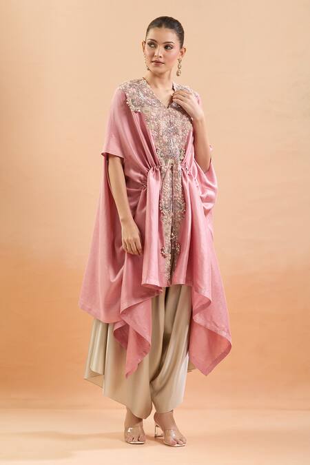 Prisho_Pink Silk, Cotton Embroidery, Sequins, Pearls V-neck Kaftan Set With Draped Pant _at_Aza_Fashions