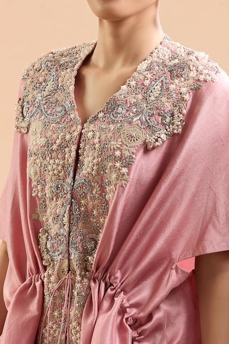 Buy_Prisho_Pink Silk, Cotton Embroidery, Sequins, Pearls V-neck Kaftan Set With Draped Pant 