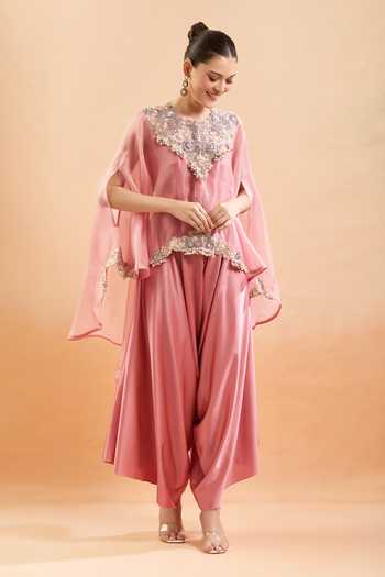Shop Prisho Pink Silk Embroidery, Pearls, Sequins Sweetheart Neck, Round Floral Kaftan Set Online at Aza Fashions Shop_Prisho_Pink Silk Embroidery, Pearls, Sequins Sweetheart Neck, Round Floral Kaftan Set _Online_at_Aza_Fashions