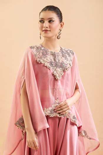 Buy Prisho Pink Silk Embroidery, Pearls, Sequins Sweetheart Neck, Round Floral Kaftan Set Buy_Prisho_Pink Silk Embroidery, Pearls, Sequins Sweetheart Neck, Round Floral Kaftan Set