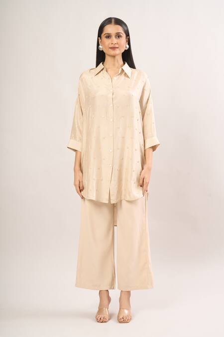 Shweta Kapoor Cream Silk Sequins Collared Asymmetrical Embroidered Shirt Tunic Online at Aza Fashions Shweta Kapoor_Cream Silk Sequins Collared Asymmetrical Embroidered Shirt Tunic_Online_at_Aza_Fashions