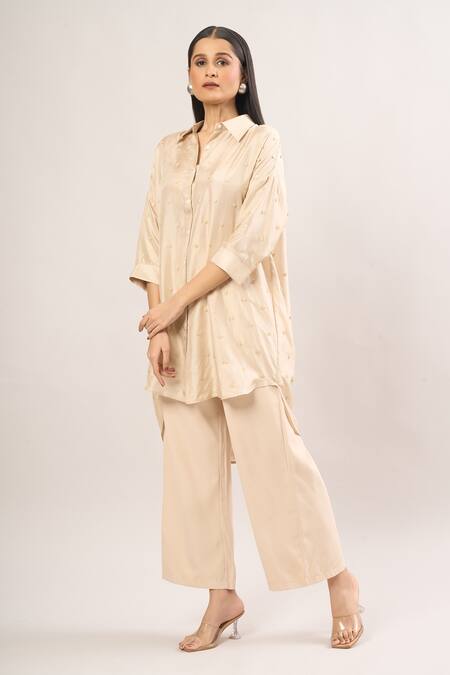 Buy Shweta Kapoor Cream Silk Sequins Collared Asymmetrical Embroidered Shirt Tunic Online at Aza Fashions Buy_Shweta Kapoor_Cream Silk Sequins Collared Asymmetrical Embroidered Shirt Tunic_Online_at_Aza_Fashions