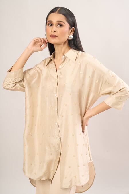 Shweta Kapoor Cream Silk Sequins Collared Asymmetrical Embroidered Shirt Tunic at Aza Fashions Shweta Kapoor_Cream Silk Sequins Collared Asymmetrical Embroidered Shirt Tunic_at_Aza_Fashions