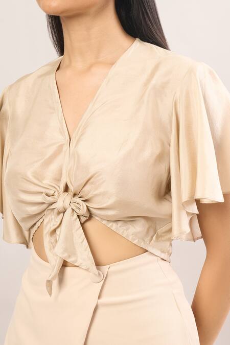 Buy_Shweta Kapoor_Cream V-neck Front Tie-up Ruffle Sleeve Crop Top _Online_at_Aza_Fashions