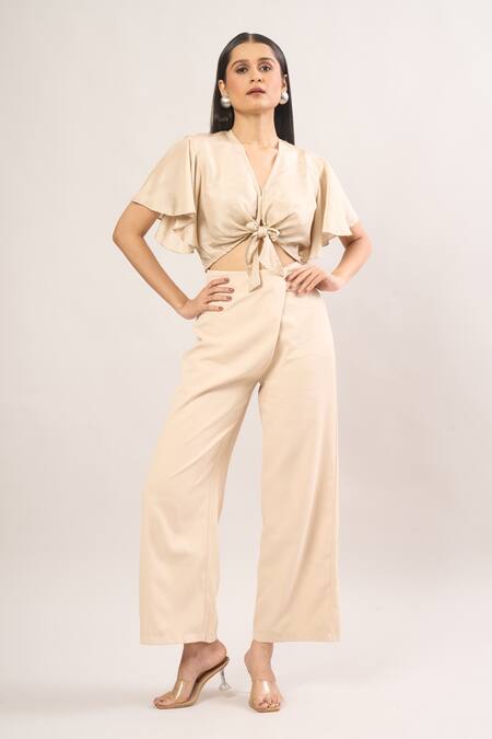 Shop_Shweta Kapoor_Cream V-neck Front Tie-up Ruffle Sleeve Crop Top _Online_at_Aza_Fashions