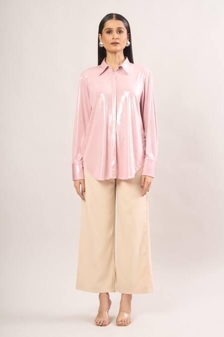 Shweta Kapoor_Pink Collared Metallic Cuff Sleeve Shirt _Online_at_Aza_Fashions