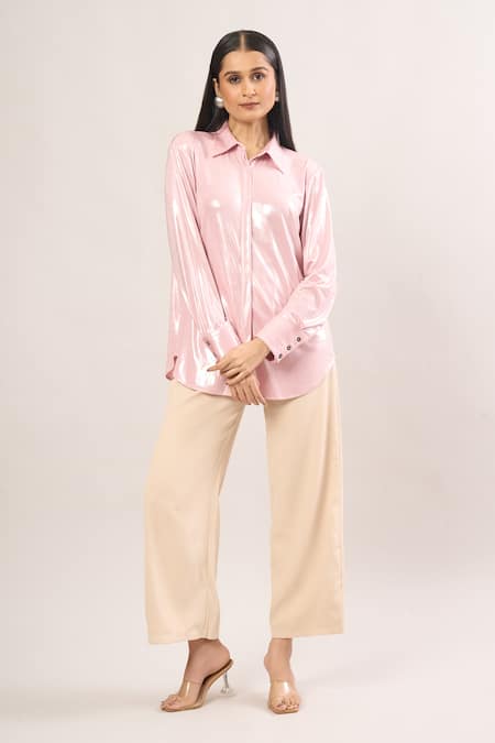 Buy_Shweta Kapoor_Pink Collared Metallic Cuff Sleeve Shirt _Online_at_Aza_Fashions