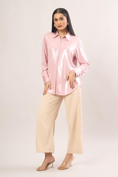 Shop_Shweta Kapoor_Pink Collared Metallic Cuff Sleeve Shirt _Online_at_Aza_Fashions