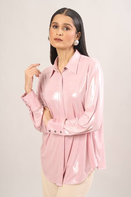 Shweta Kapoor_Pink Collared Metallic Cuff Sleeve Shirt _at_Aza_Fashions