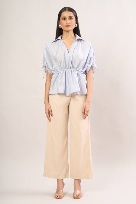 431-88 By Shweta Kapur Blue Tassels, Beads Collared Embroidered Ice Top With Tie Sleeves at Aza Fashions 431-88 By Shweta Kapur_Blue Tassels, Beads Collared Embroidered Ice Top With Tie Sleeves _at_Aza_Fashions