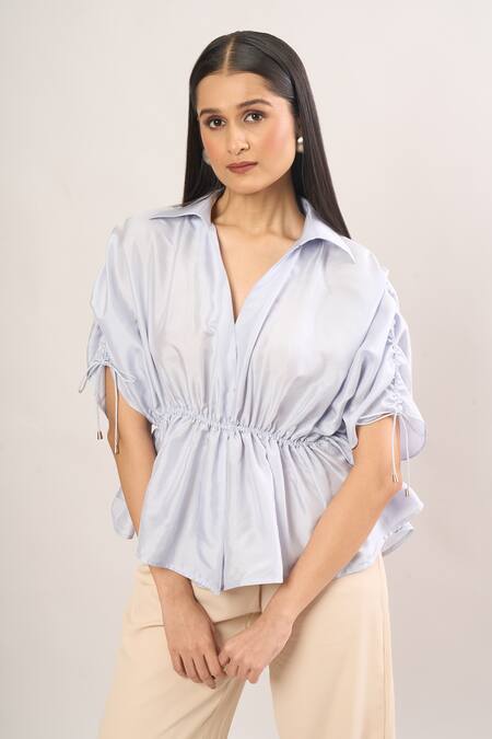 Buy 431-88 By Shweta Kapur Blue Tassels, Beads Collared Embroidered Ice Top With Tie Sleeves Buy_431-88 By Shweta Kapur_Blue Tassels, Beads Collared Embroidered Ice Top With Tie Sleeves