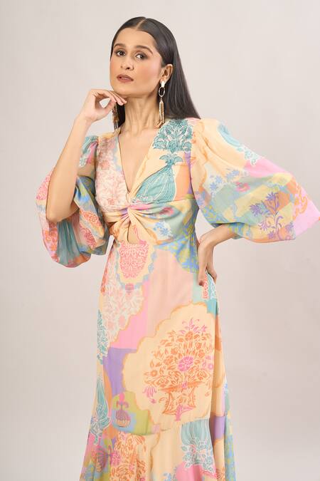 Pankaj & Nidhi_Multi Color Cut Work V-neck Floral Print Front Knot Dress _Online_at_Aza_Fashions