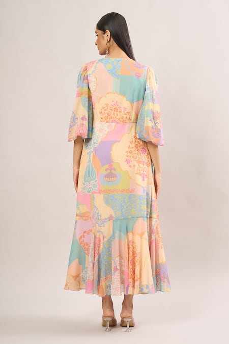 Pankaj & Nidhi Multi Color Floral Print Front Knot Dress 