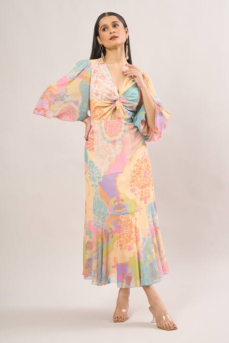 Buy_Pankaj & Nidhi_Multi Color Cut Work V-neck Floral Print Front Knot Dress _Online_at_Aza_Fashions