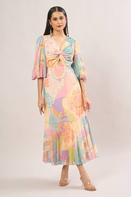 Shop_Pankaj & Nidhi_Multi Color Cut Work V-neck Floral Print Front Knot Dress _Online_at_Aza_Fashions