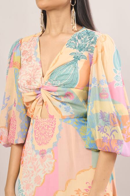 Pankaj & Nidhi_Multi Color Cut Work V-neck Floral Print Front Knot Dress _at_Aza_Fashions