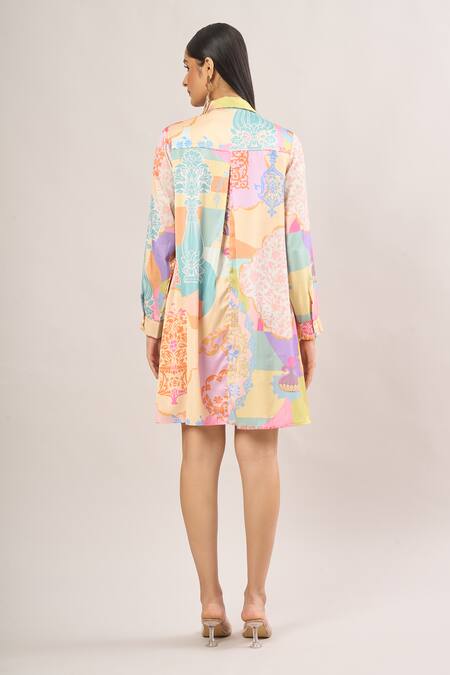 Shop_Pankaj & Nidhi_Multi Color Sequins Collared Floral Print Shirt Dress _at_Aza_Fashions