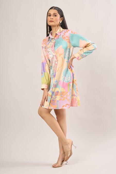 Buy_Pankaj & Nidhi_Multi Color Sequins Collared Floral Print Shirt Dress _Online_at_Aza_Fashions