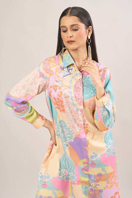 Shop_Pankaj & Nidhi_Multi Color Sequins Collared Floral Print Shirt Dress _Online_at_Aza_Fashions