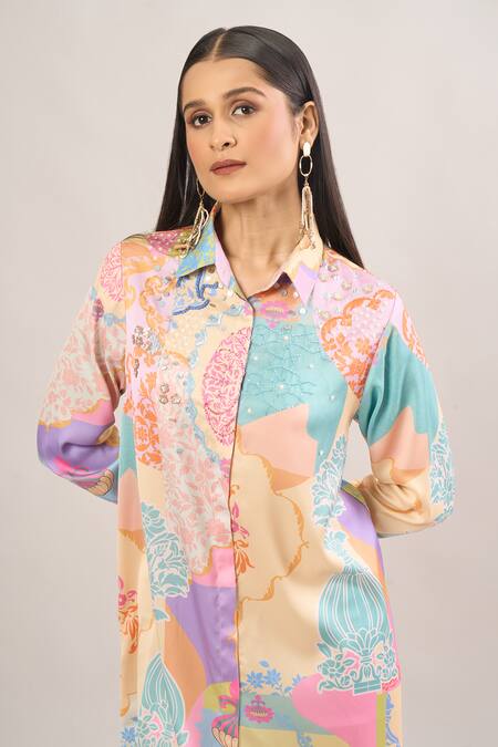 Pankaj & Nidhi_Multi Color Sequins Collared Floral Print Shirt Dress _at_Aza_Fashions