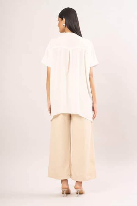 Shop_Namrata Joshipura_Ivory Applique, Pearls Bandeau Neck Floral Handkerchief Hem Tunic _at_Aza_Fashions