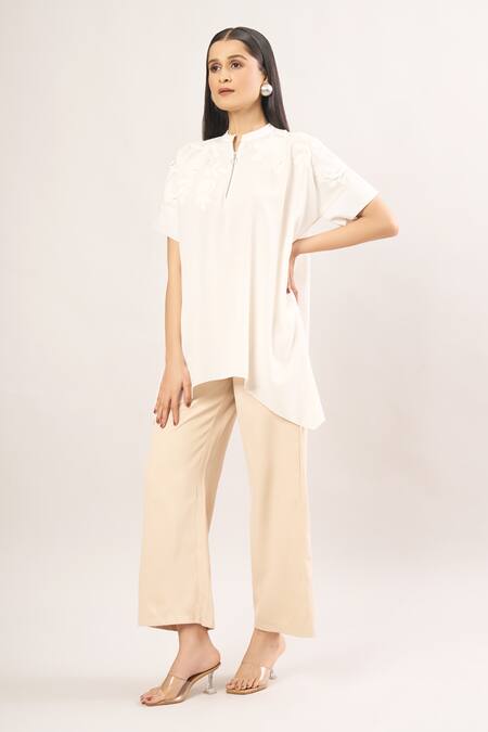 Namrata Joshipura_Ivory Applique, Pearls Bandeau Neck Floral Handkerchief Hem Tunic _Online_at_Aza_Fashions