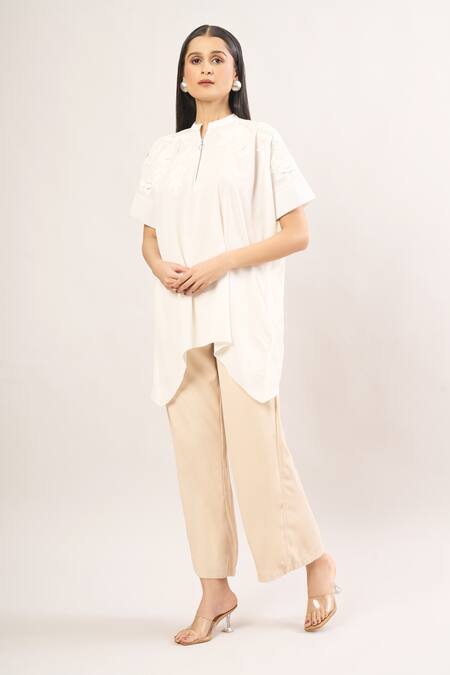 Buy_Namrata Joshipura_Ivory Applique, Pearls Bandeau Neck Floral Handkerchief Hem Tunic _Online_at_Aza_Fashions