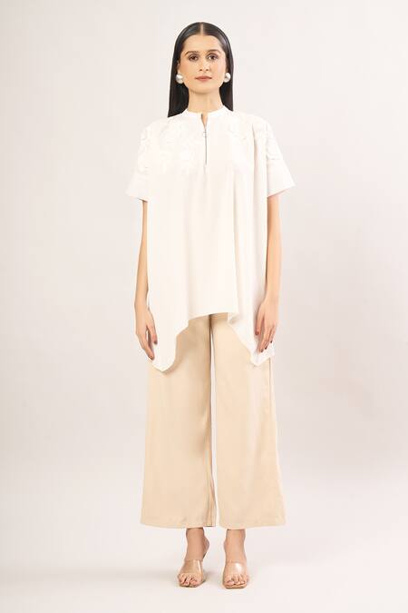 Shop_Namrata Joshipura_Ivory Applique, Pearls Bandeau Neck Floral Handkerchief Hem Tunic _Online_at_Aza_Fashions